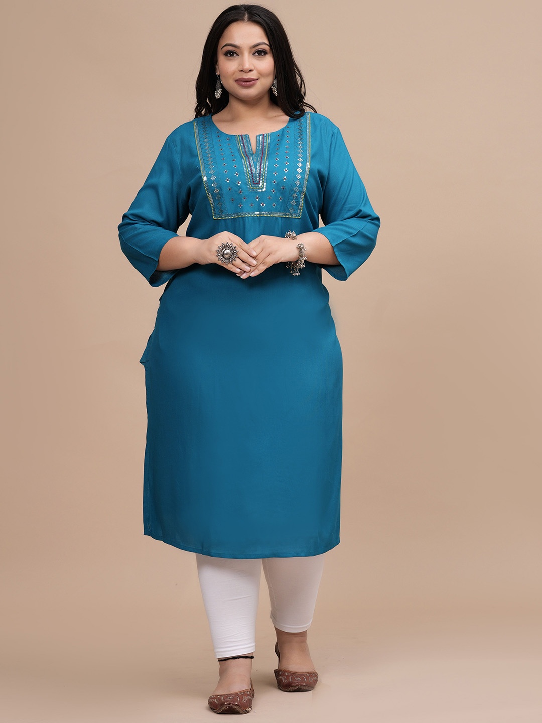 

Sztori Women Thread Work Kurta, Turquoise blue