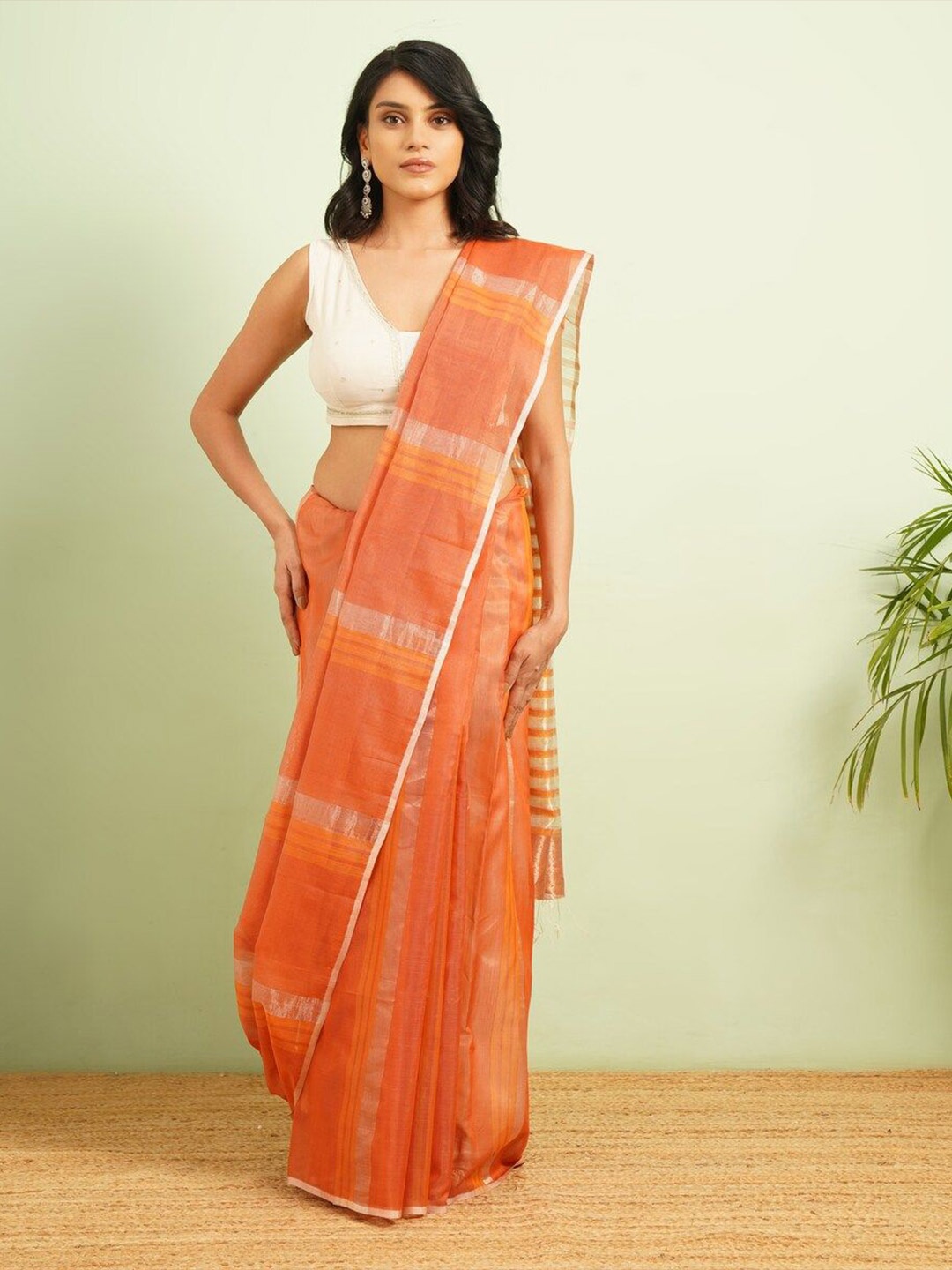 

JAYPORE Striped Zari Maheshwari Saree, Orange