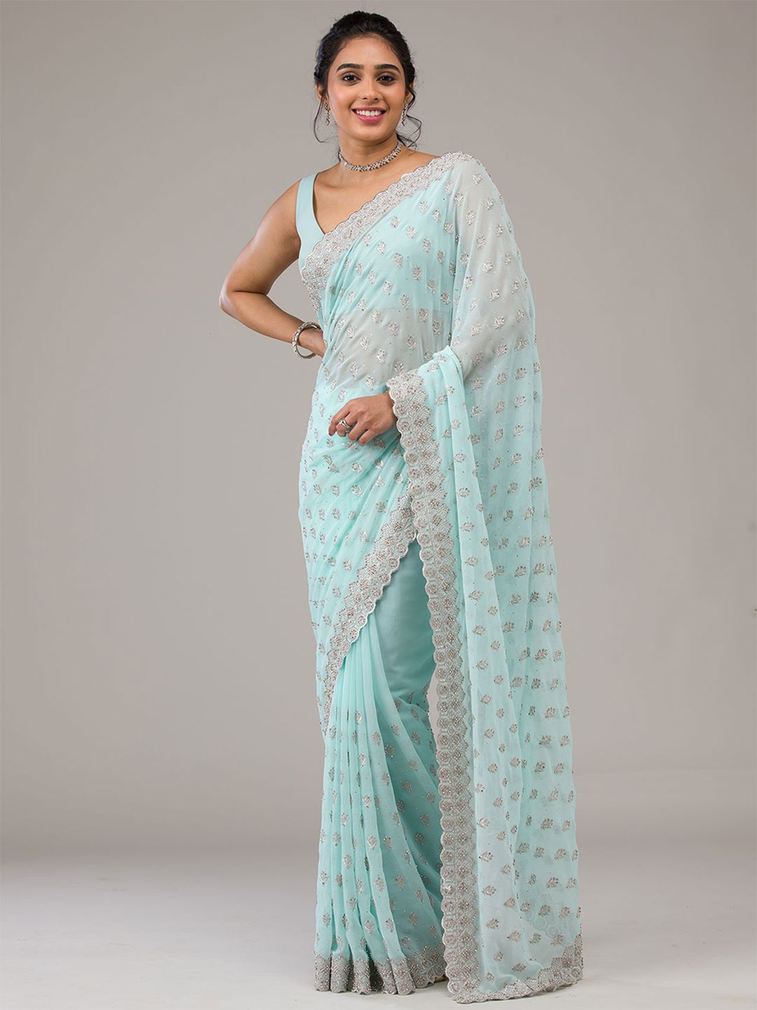 

Koskii Beads and Stones Saree, Blue