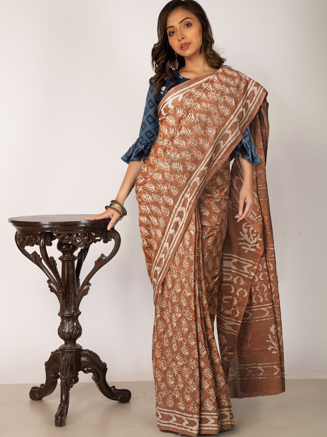 

Unnati Silks Dabu Printed Pure Cotton Saree, Brown