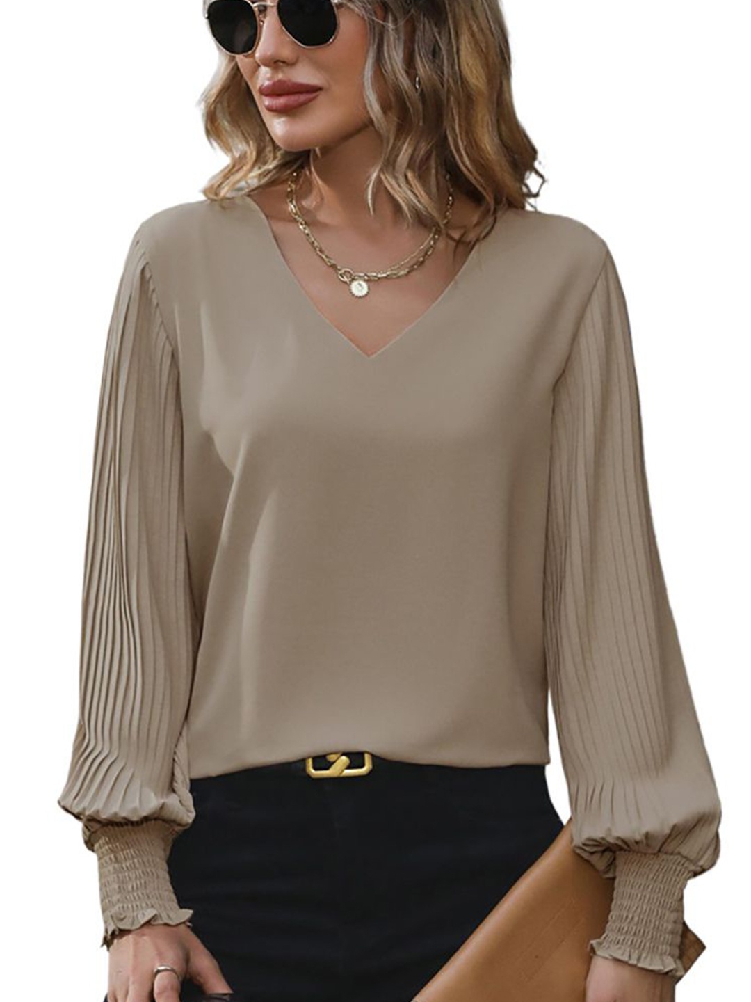

StyleCast x Revolte Women Solid V-Neck Top, Khaki