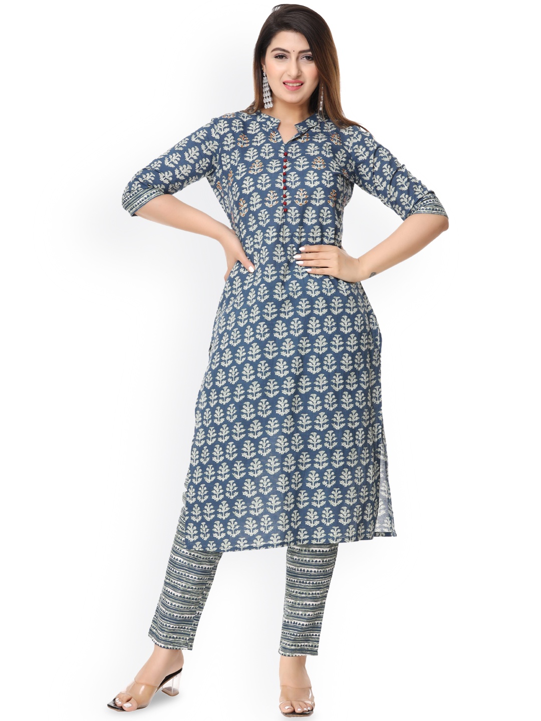 

Cloth Bites Floral Printed Regular Pure Cotton Straight Kurta with Trousers, Blue