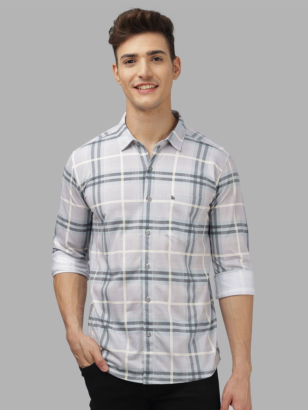 

BULLMER Men Spread Collar Checked Cotton Casual Shirt, Blue
