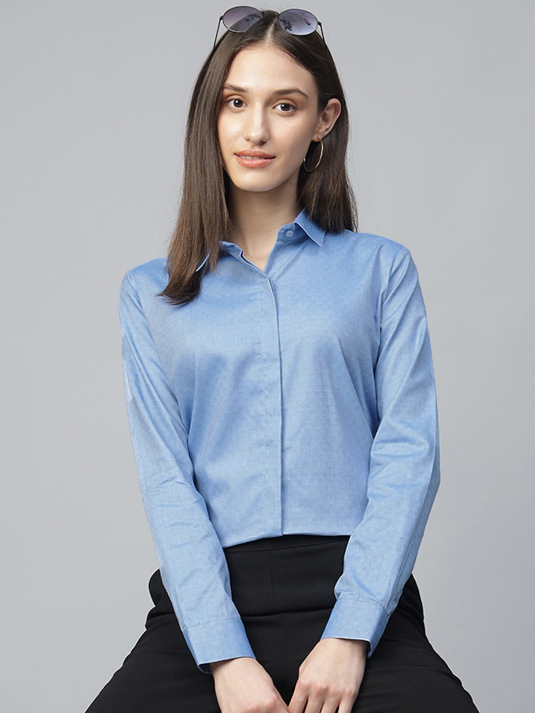 

Hancock Women Textured Pure Cotton Formal Shirt, Blue