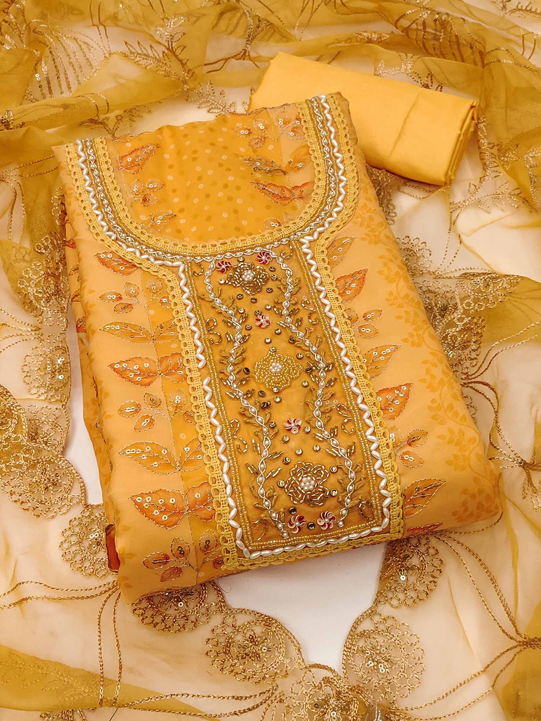 

KALINI Embroidered Organza Semi-Stitched Dress Material, Yellow