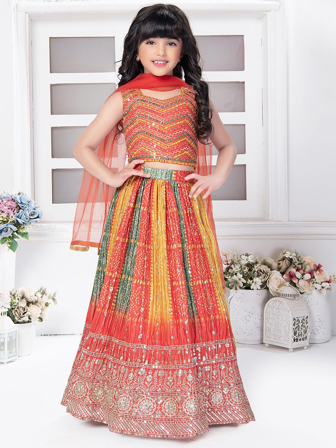 

Tiny Kingdom Girls Embroidered Mirror Work Ready to Wear Lehenga & Blouse With Dupatta, Orange