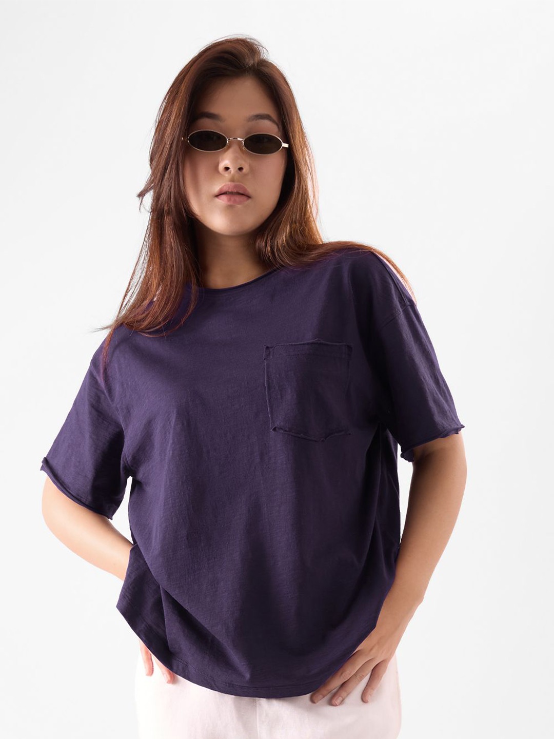 

The Souled Store Women Solid Round Neck Cotton Oversized T-shirt, Purple