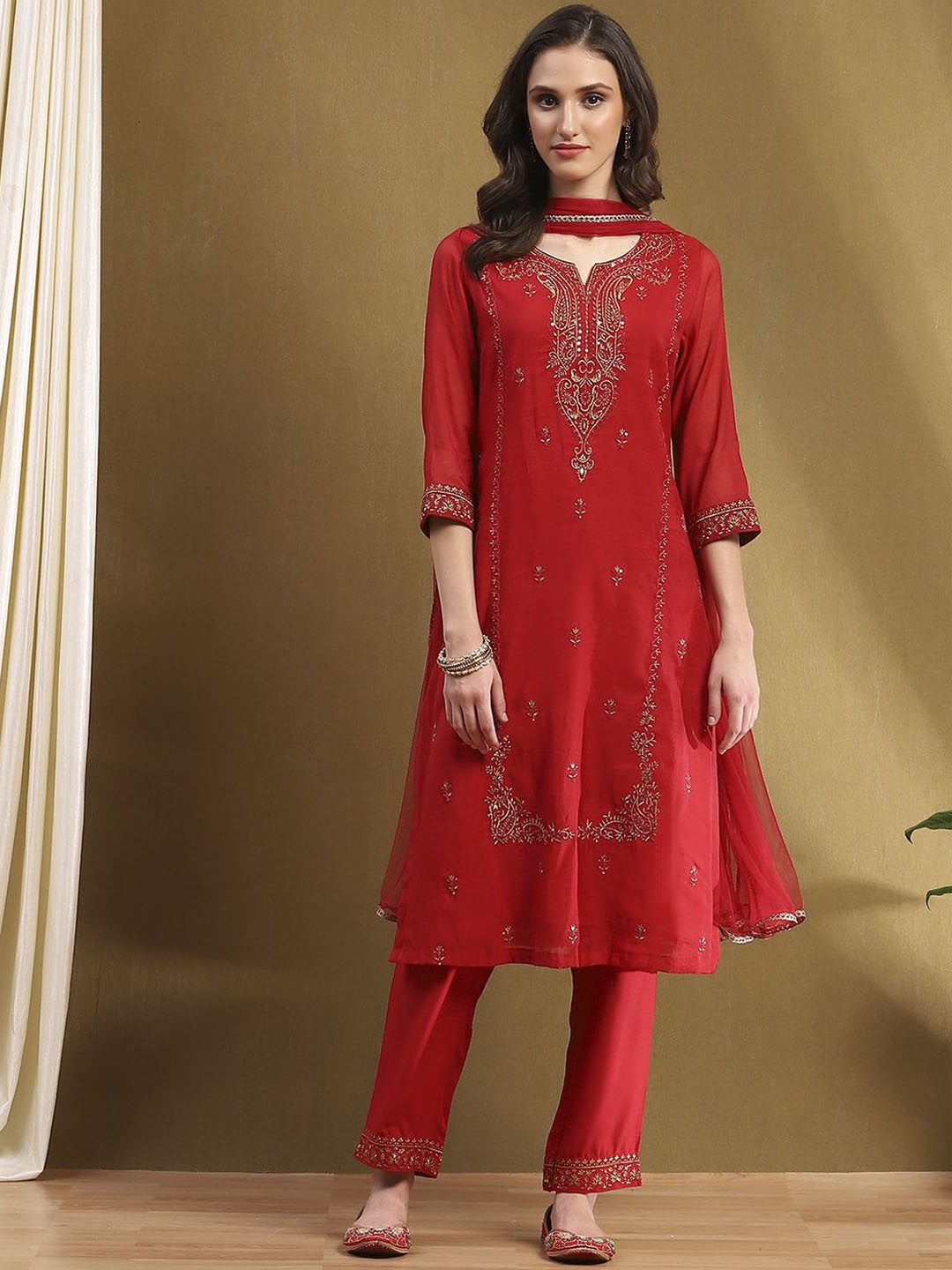 

Biba Women Round Neck Chanderi Cotton Kurta with Trousers & With Dupatta, Red