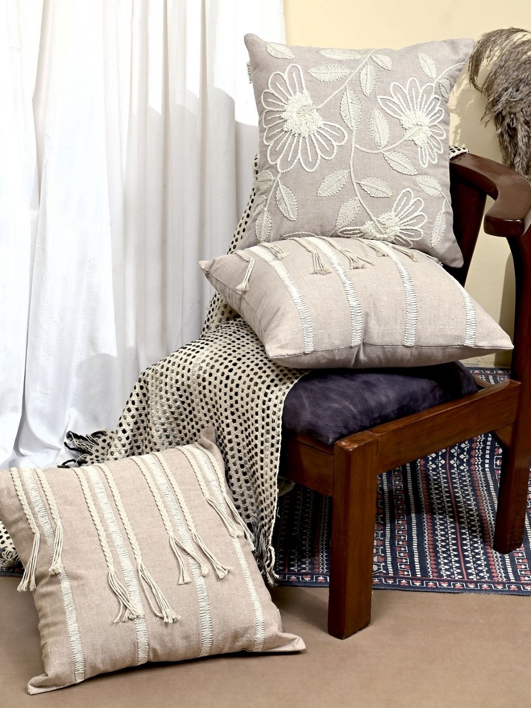 

ANWYN Beige & White 3 Pieces Embroidered Square Cushion Covers