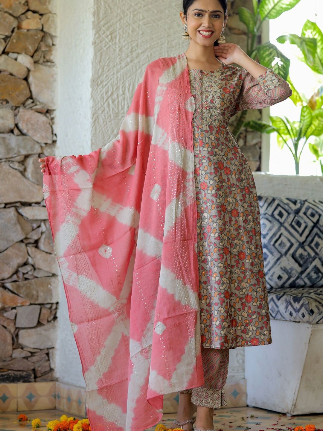 

KALINI Floral Embroidered Anarkali Kurta With Trousers & Dupatta, Peach