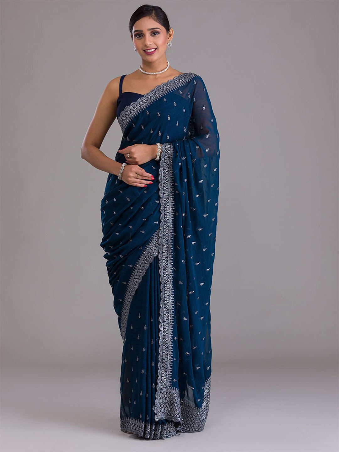 

ODETTE Embroidered Saree With Unstitched Blouse, Blue