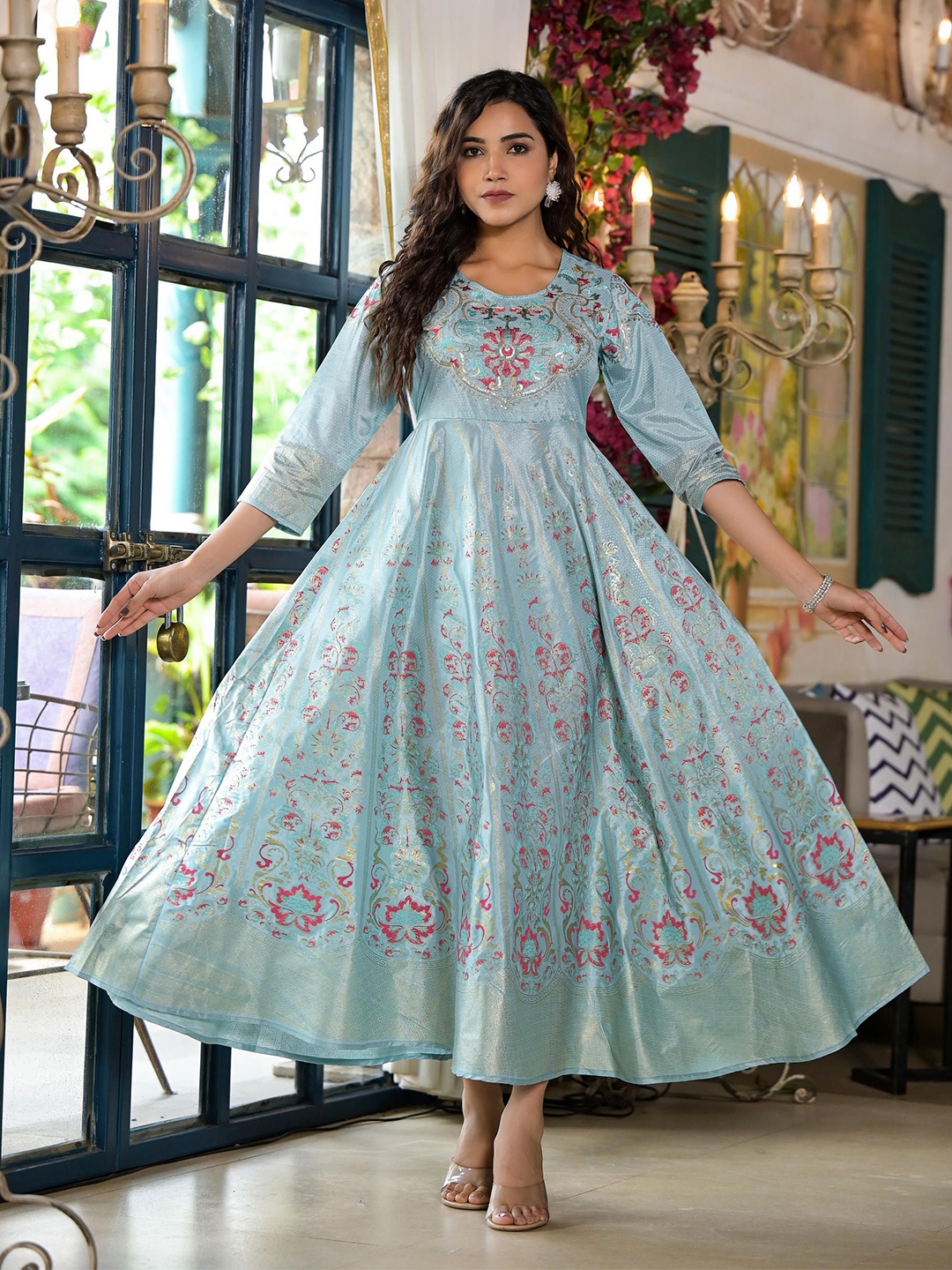 

Juniper Women Ethnic Motifs Print Satin Fit & Flare Maxi Dress, Blue