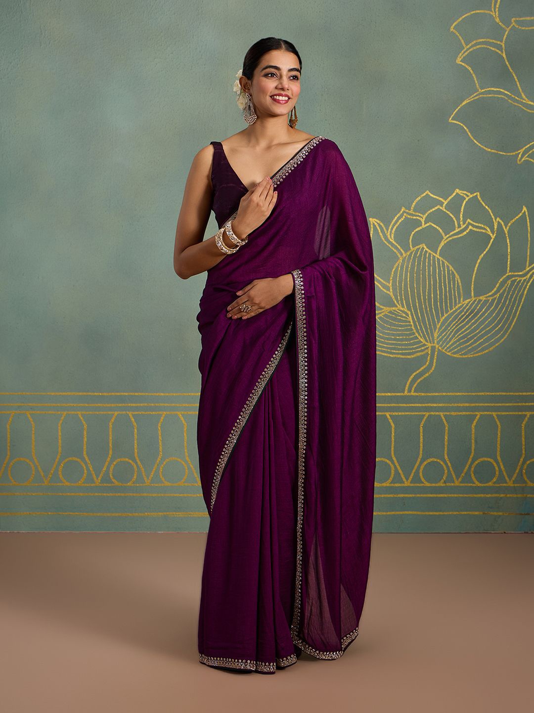 

Likha Beads and Stones Border Embellished Solid Pure Silk Saree, Purple