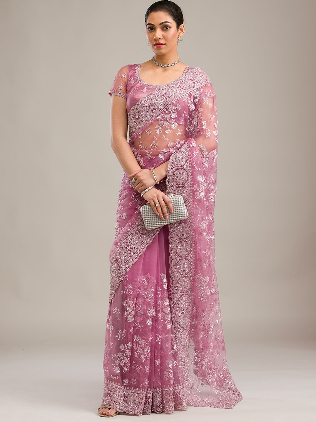 

Koskii Embellished Zari Net Saree, Pink