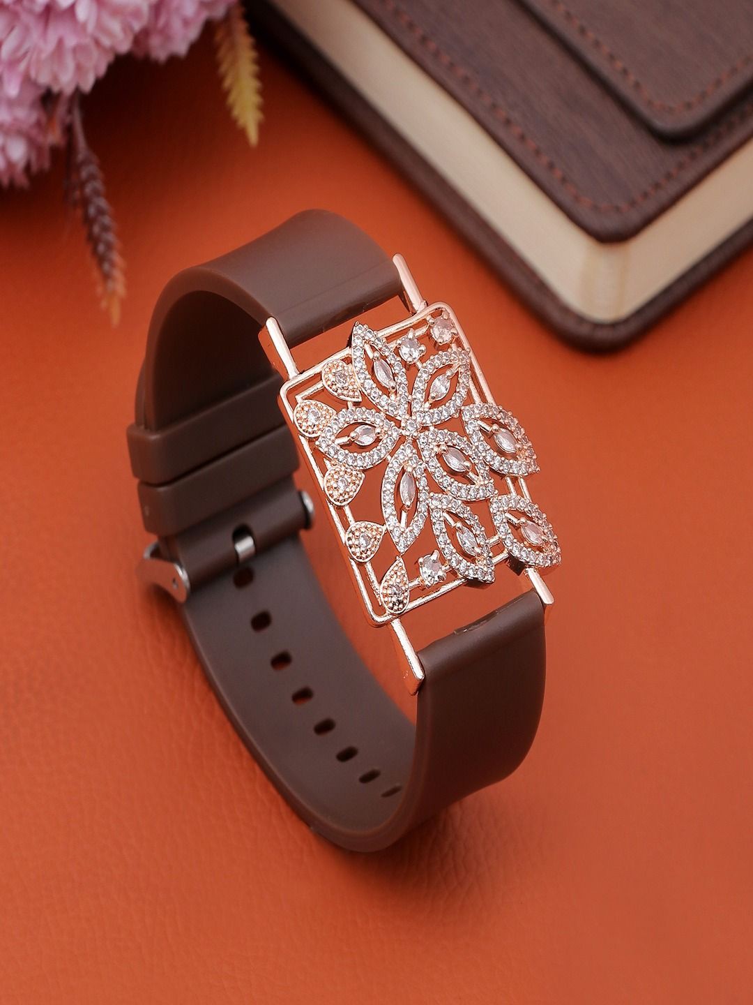 

UNIVERSITY TRENDZ Rose Gold Plated Leather American Diamond Wraparound Bracelet