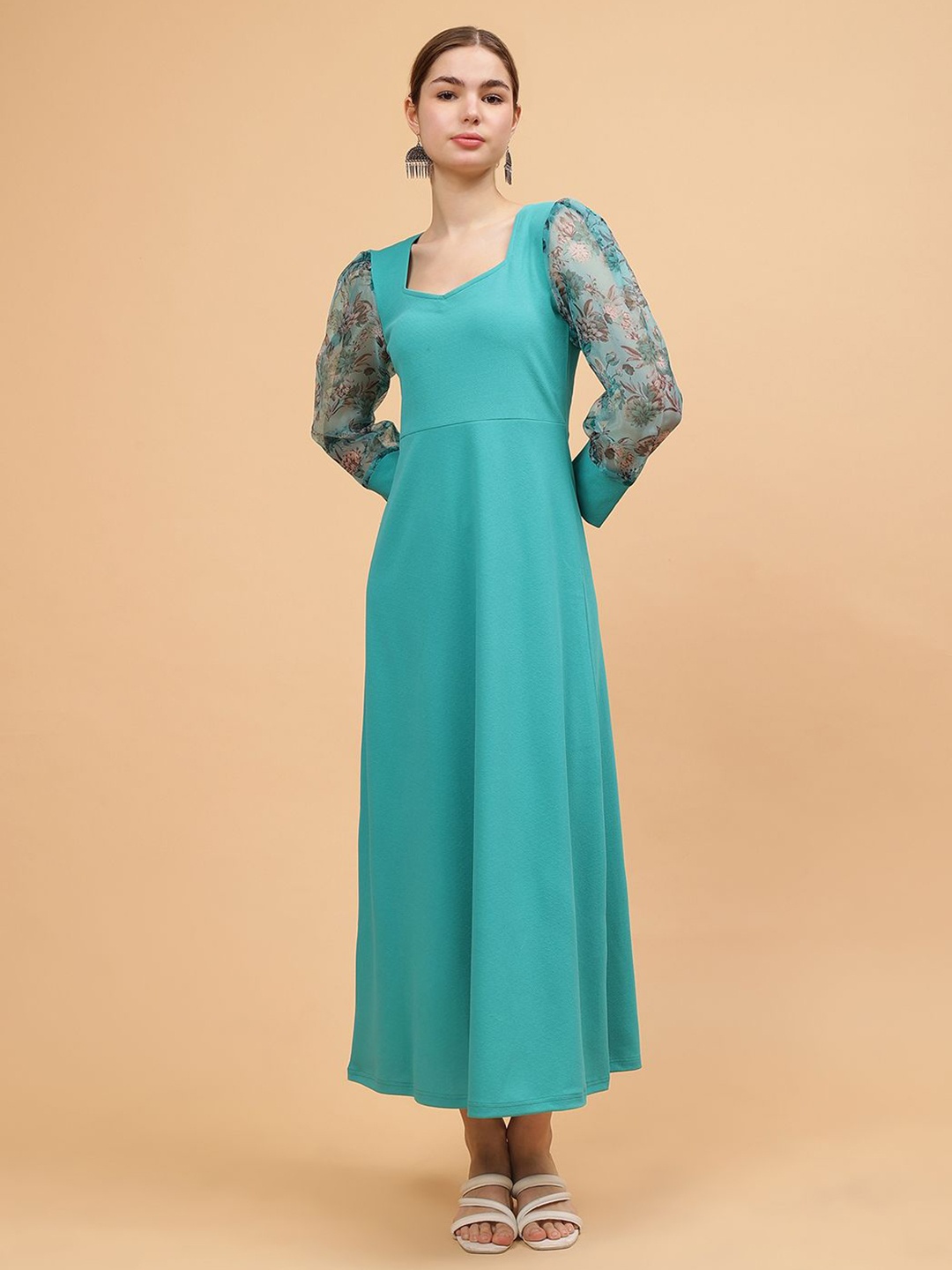 

Frolic Rolic Sweetheart Neck Organza Printed Full Sleeves Knitted Polyester Maxi Dress, Turquoise blue