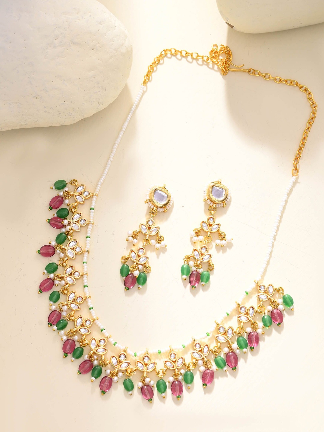 

DASTOOR Gold-Plated Stone-Studded & Beaded Jewellery Set