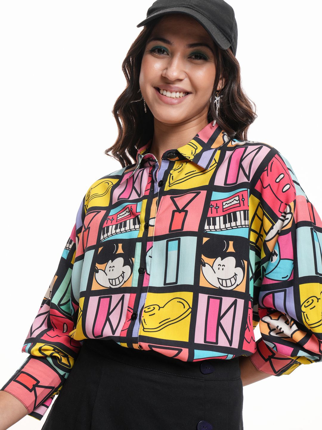 

Street By Tokyo Talkies Women Mickey Mouse Checked Oversized Shirt, Black