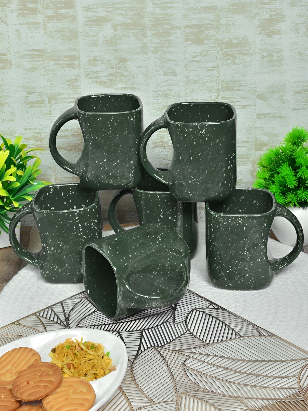 

FABINALIV Green 6 Pieces Printed Ceramic Glossy Mugs 310 ml