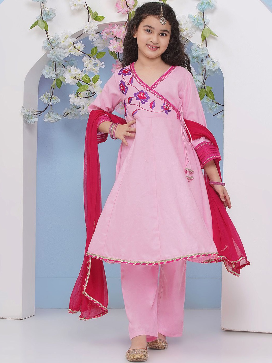 

Bitiya by Bhama Girls Floral Embroidered Sequinned Anarkali Kurta with Trouser & Dupatta, Pink