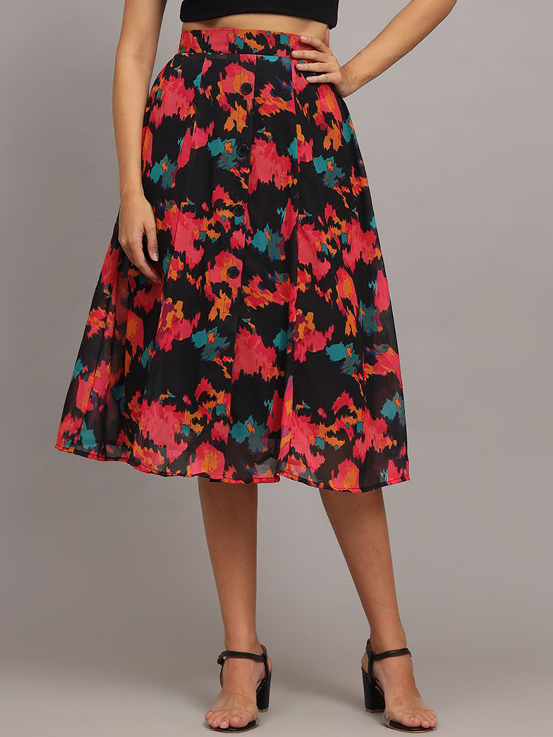 

CHARMGAL Floral Printed Georgette Knee-Length Flared Skirt, Black