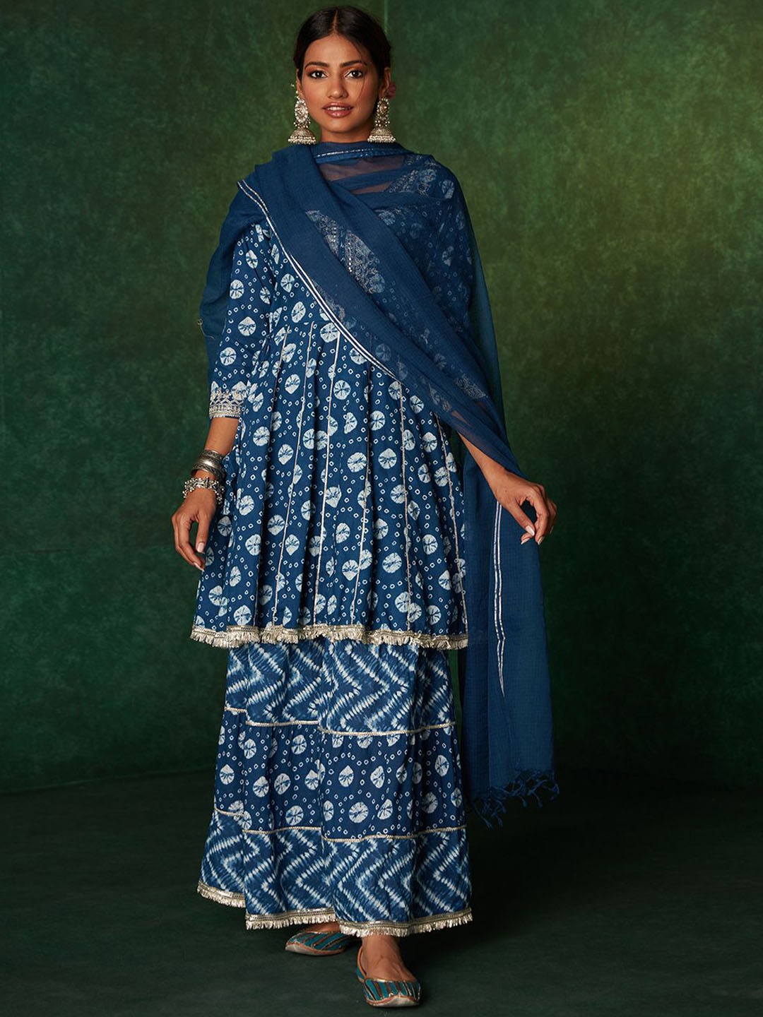

Likha Floral Printed Thread Work Pure Cotton Anarkali Kurta with Sharara & Dupatta, Blue