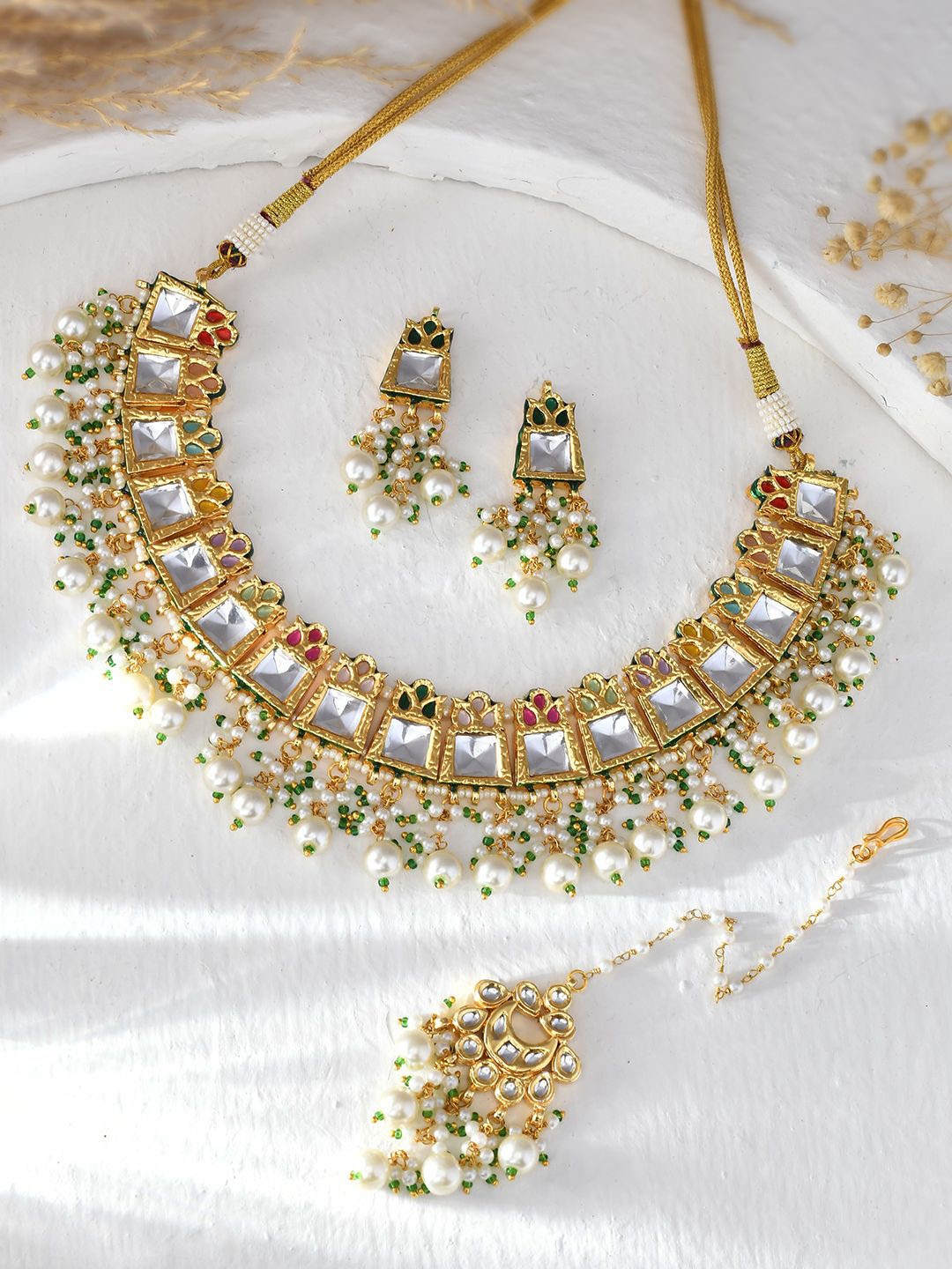 

DASTOOR Gold Plated Stone Studded & Beaded Jewellery Set