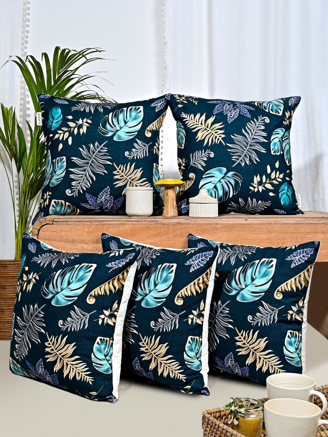 

ANWYN Blue & Navy Blue 5 Pieces Floral Square Cushion Covers