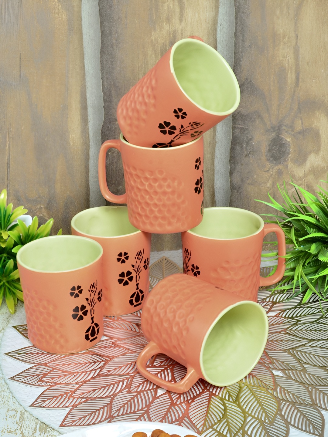 

FABINALIV Orange & Green 6 Pieces Textured Ceramic Matte Mugs 300 ml