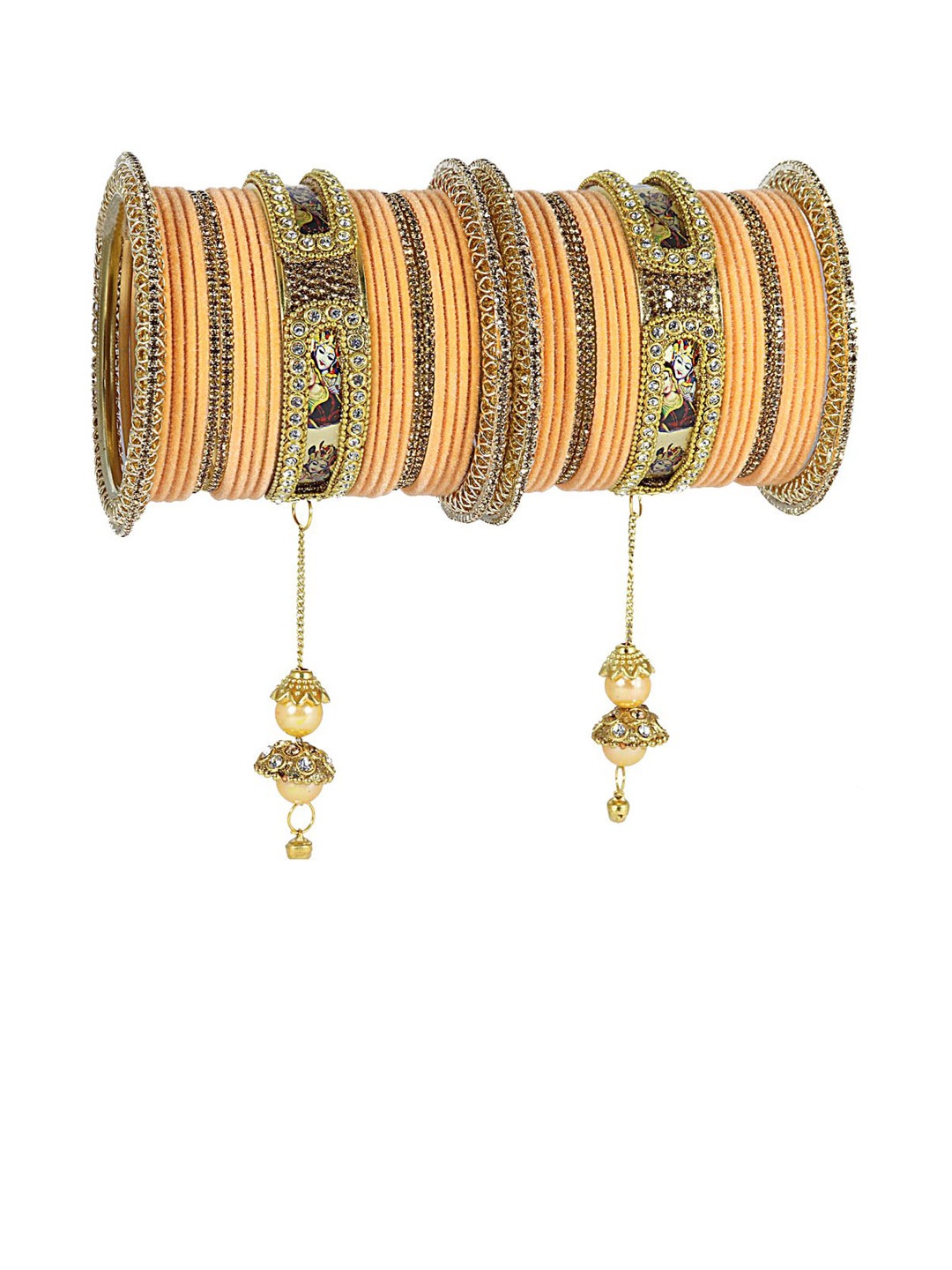 

ZULKA Set of 46 Gold-Plated Raadha Krishna Printed CZ Stone & Pearls Latkan Bangles