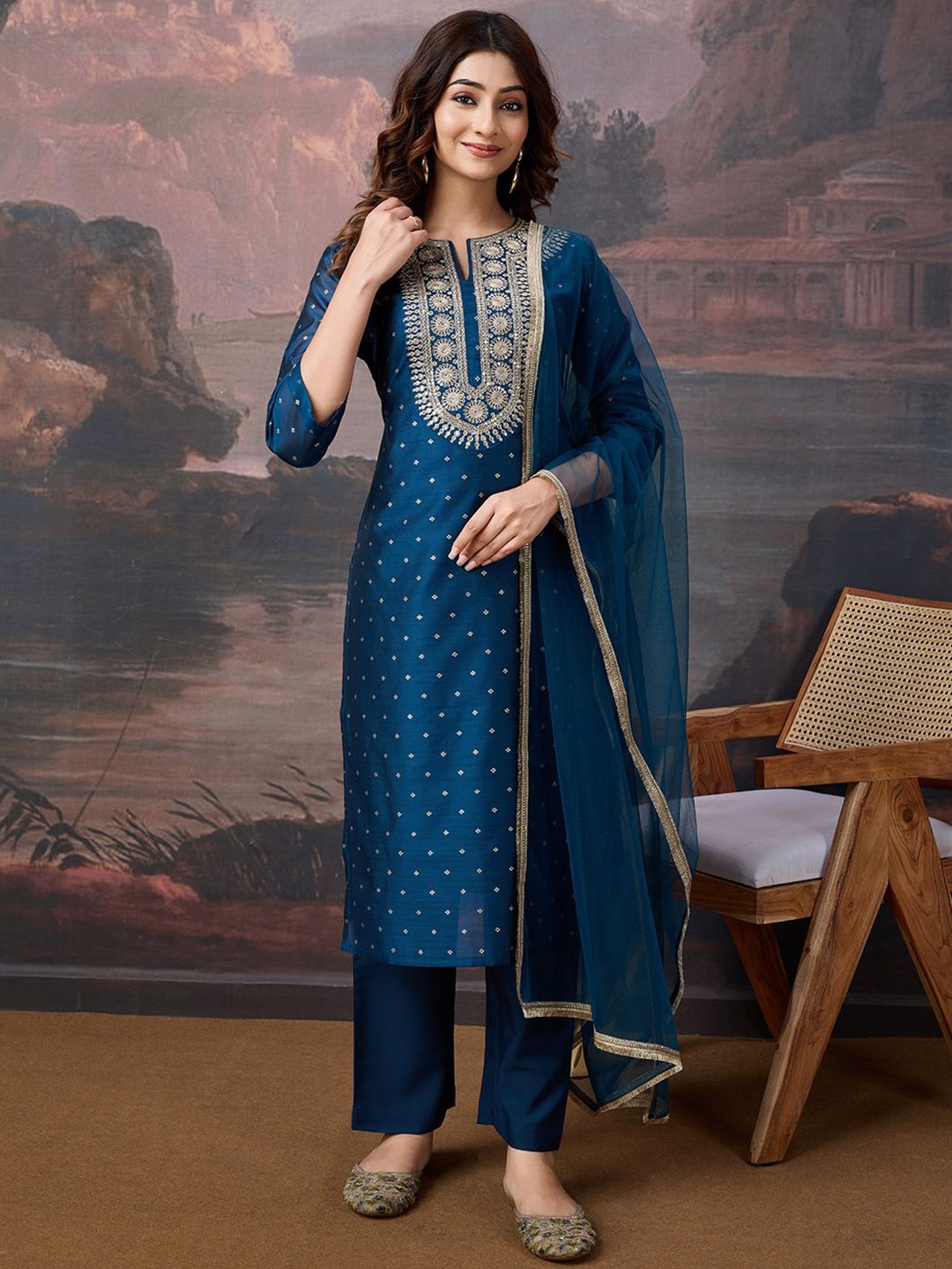 

House of Pataudi Women Embroidered Kurta & Trouser With Dupatta, Teal