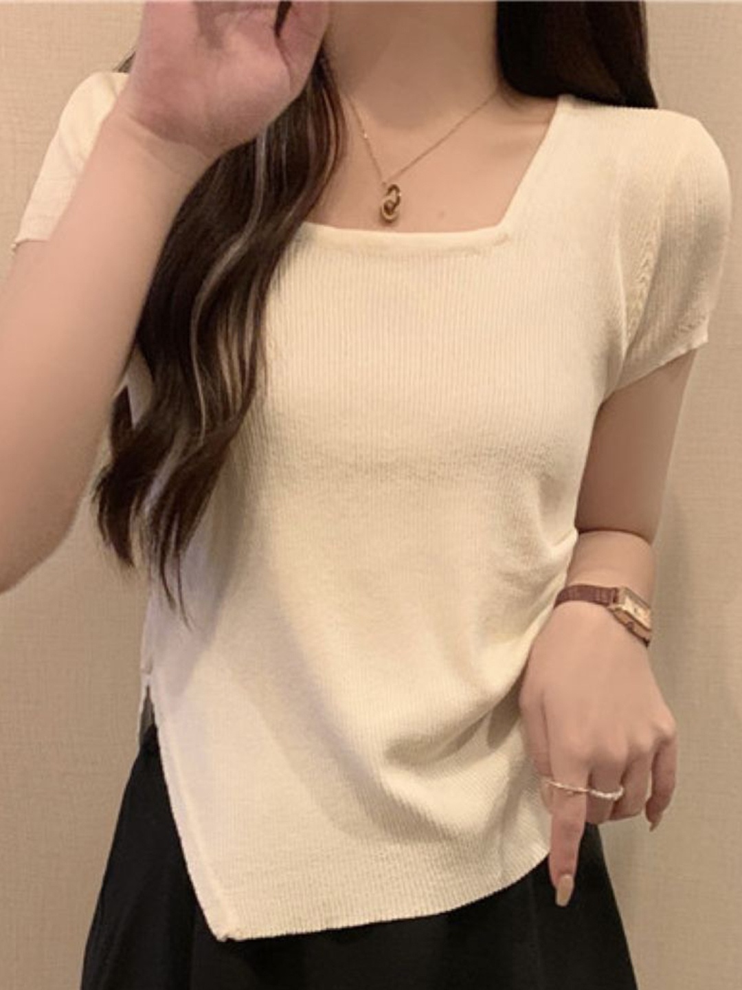 

StyleCast Women Solid Square Neck Top, Cream