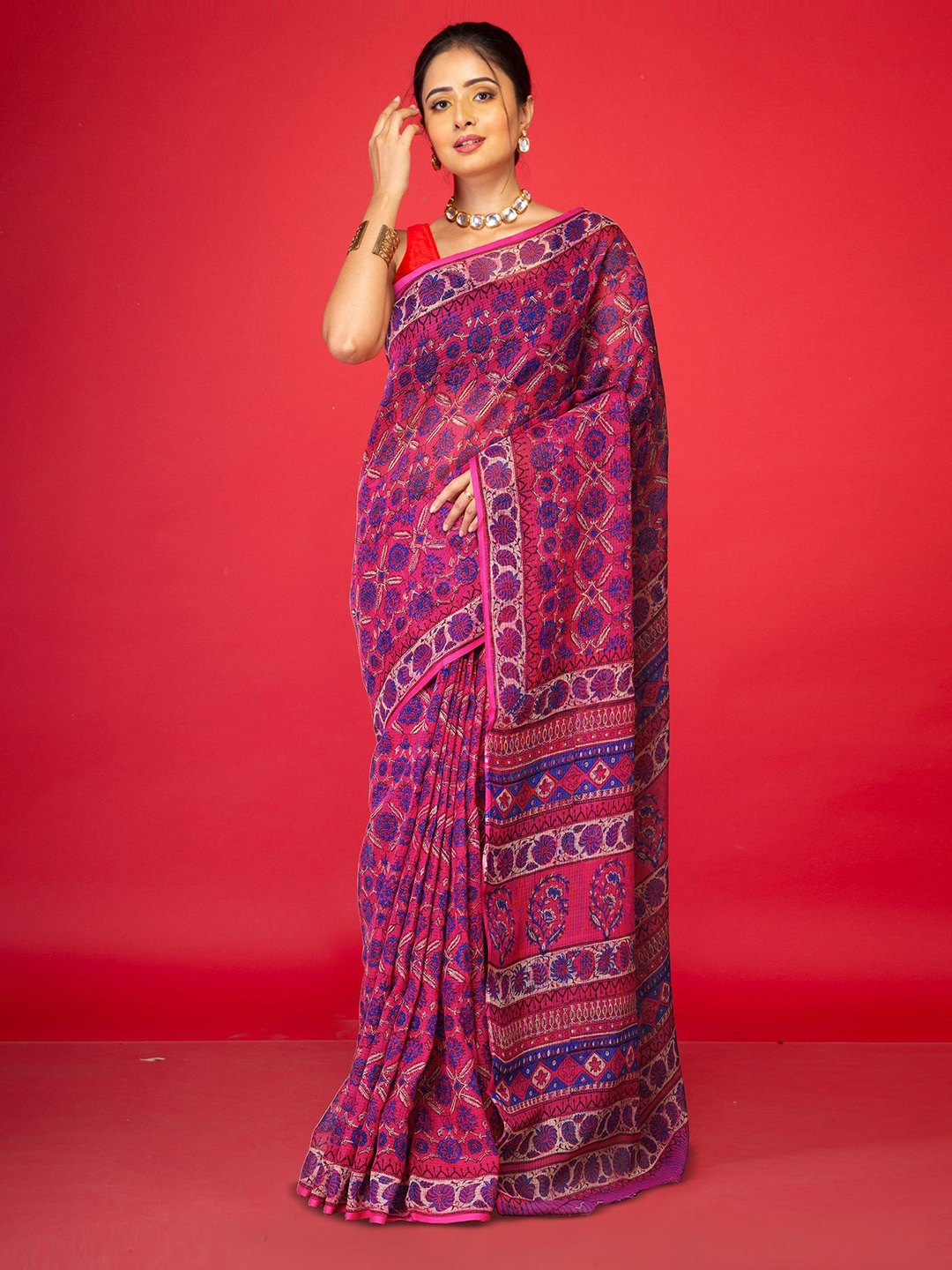 

Unnati Silks Ethnic Motifs Printed Net Handloom Kota Saree, Pink