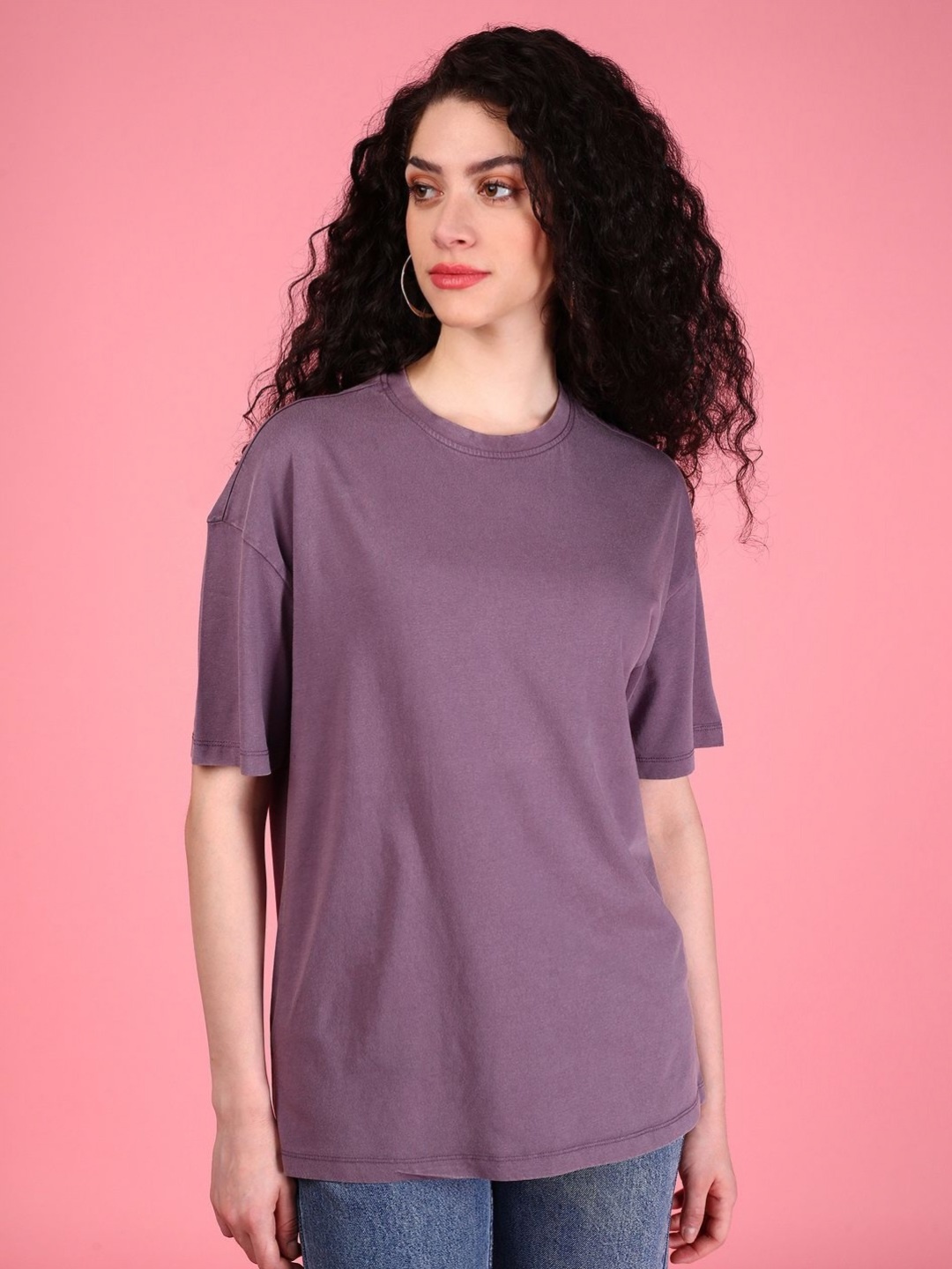

DressBerry Women Solid Round Neck Cotton Boxy T-shirt, Violet