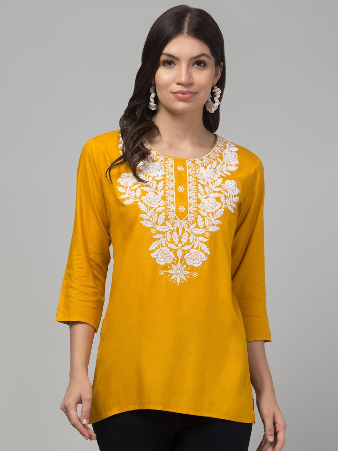 

FAMBEE Women Floral Embroidered Thread Work Pure Cotton Kurti, Mustard