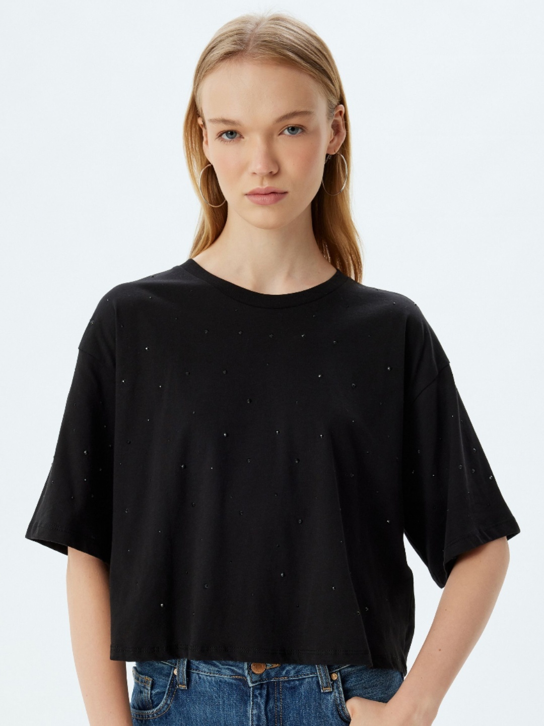 

Koton Women Solid Round Neck Cotton Oversized T-shirt, Black