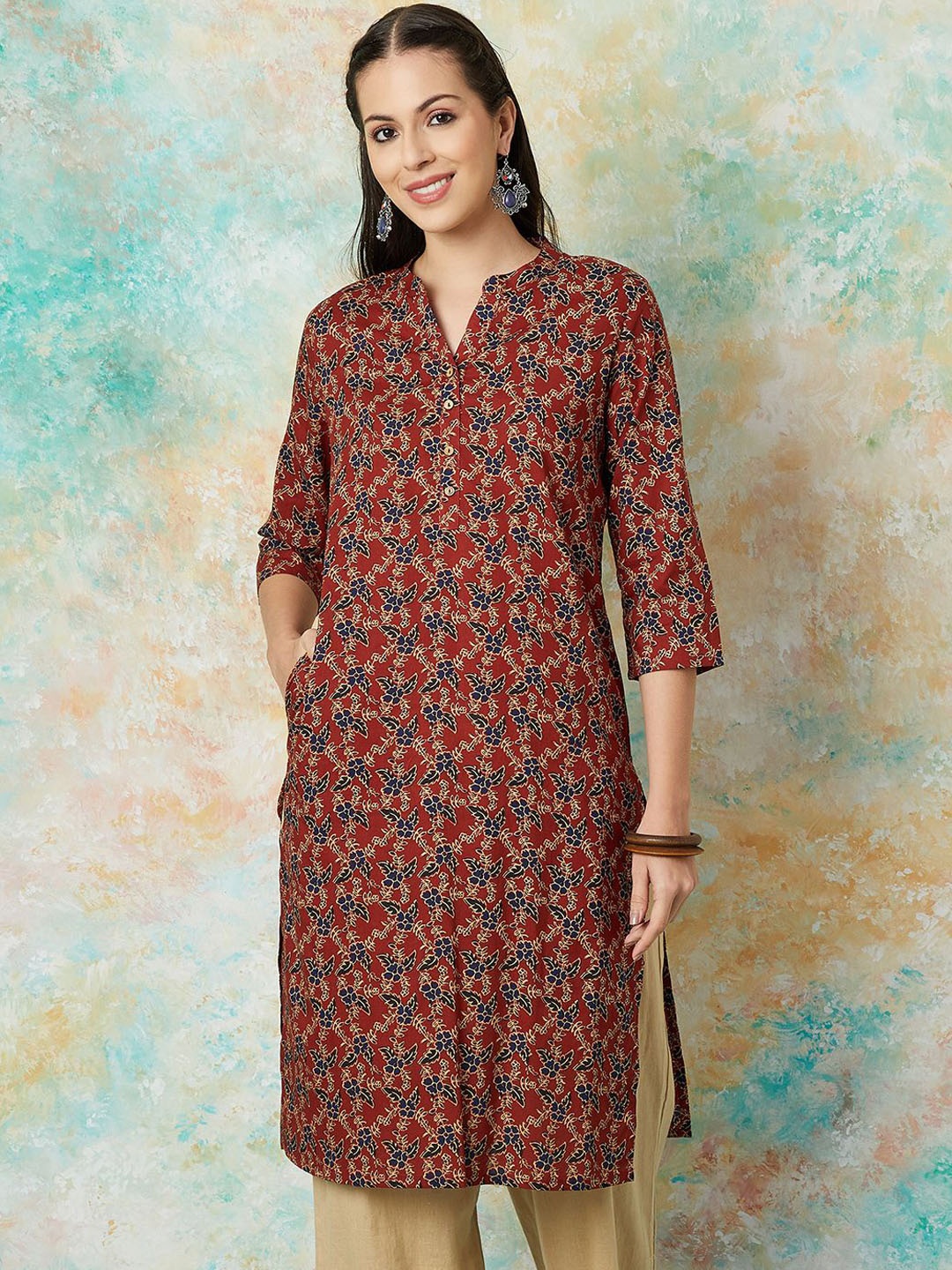 

Melange by Lifestyle Women Ethnic Printed Pure Cotton Straight Kurta, Maroon