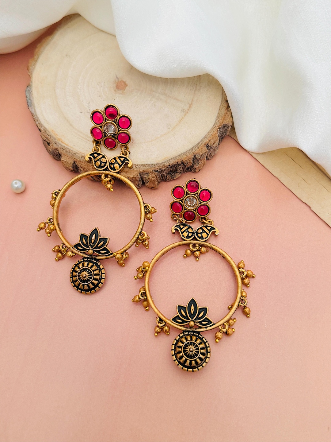 

ABDESIGNS Gold Plated Floral Stone Studded Drop Earrings