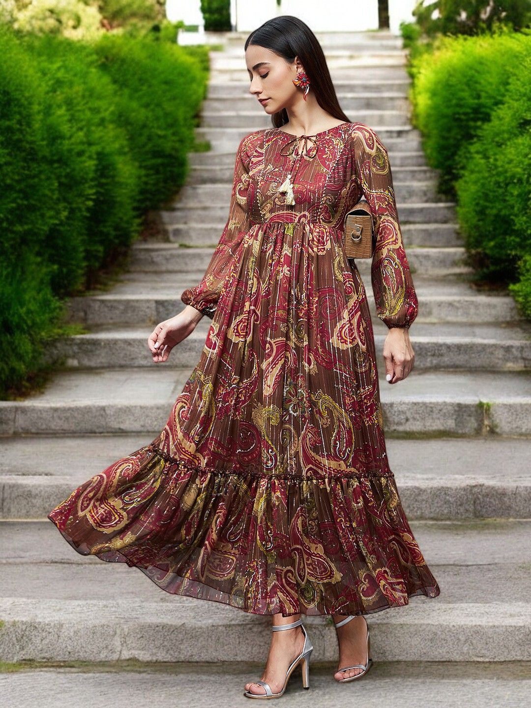 

all about you Women Relaxed Fit Maxi Lurex Chiffon Dress, Brown