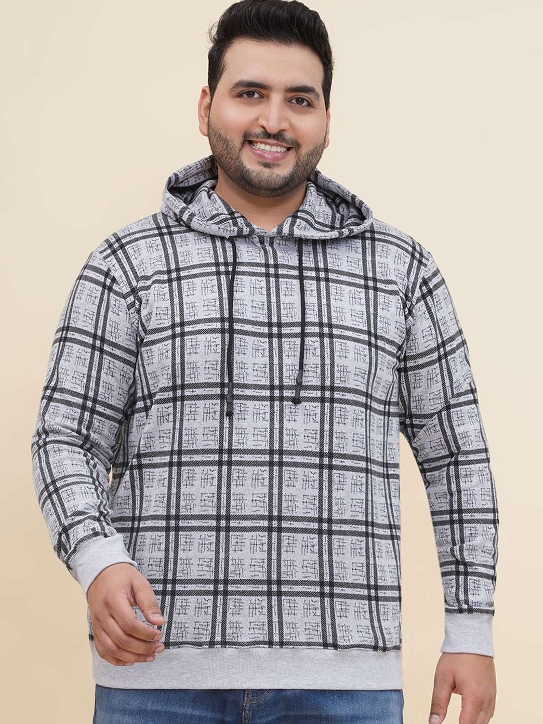 

John Pride Men Checked Hooded Pure Cotton Plus Size Sweatshirt, Grey