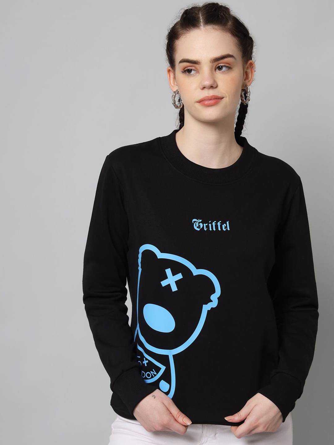 

GRIFFEL Women Graphic Printed Round Neck Sweatshirt, Black