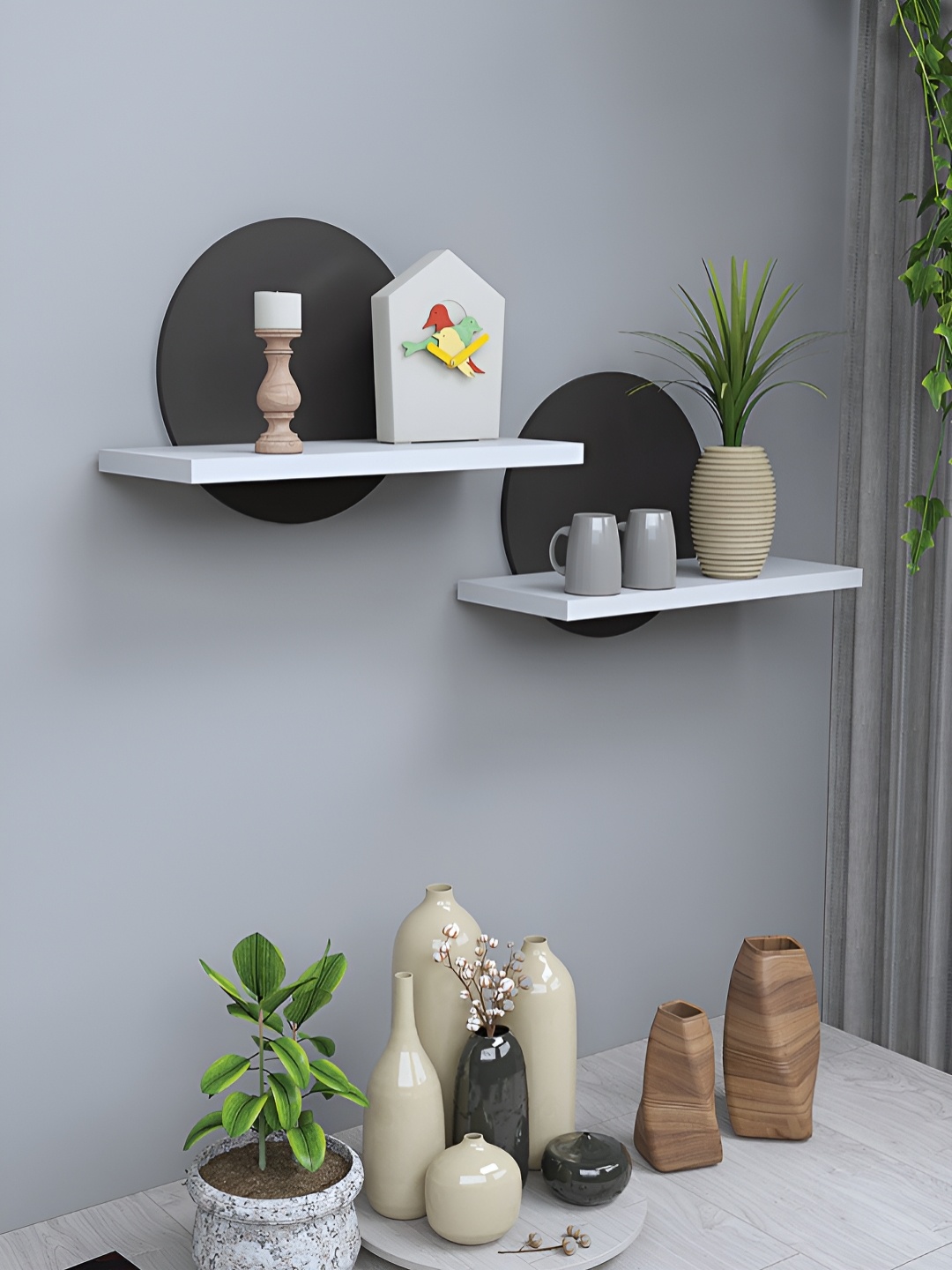 

RANDOM Black & White 2 Pieces Engineered Wood Wall Shelves