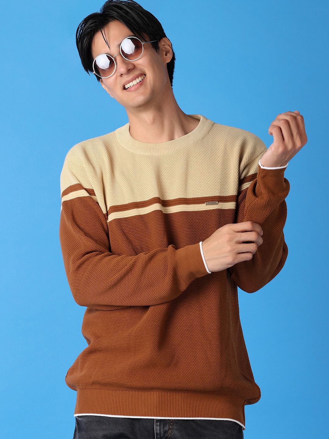 

V-Mart Men Colourblocked Round Neck Pullover, Beige