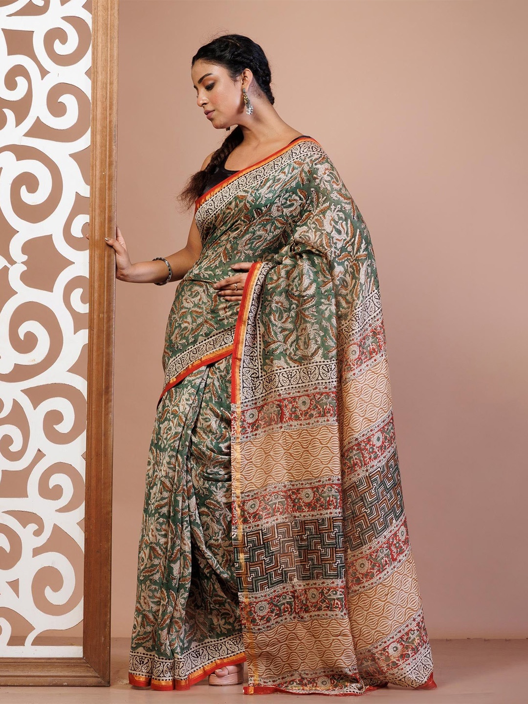 

Unnati Silks Ethnic Motifs Zari Silk Cotton Handloom Chanderi Saree, Green