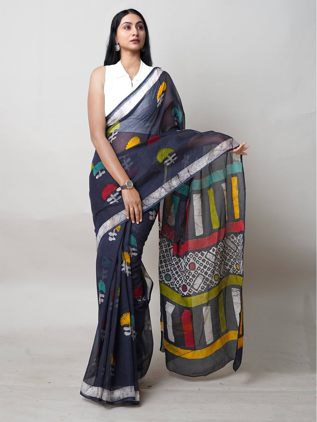 

Unnati Silks Ethnic Motifs Pure Cotton Handloom Kota Saree, Navy blue
