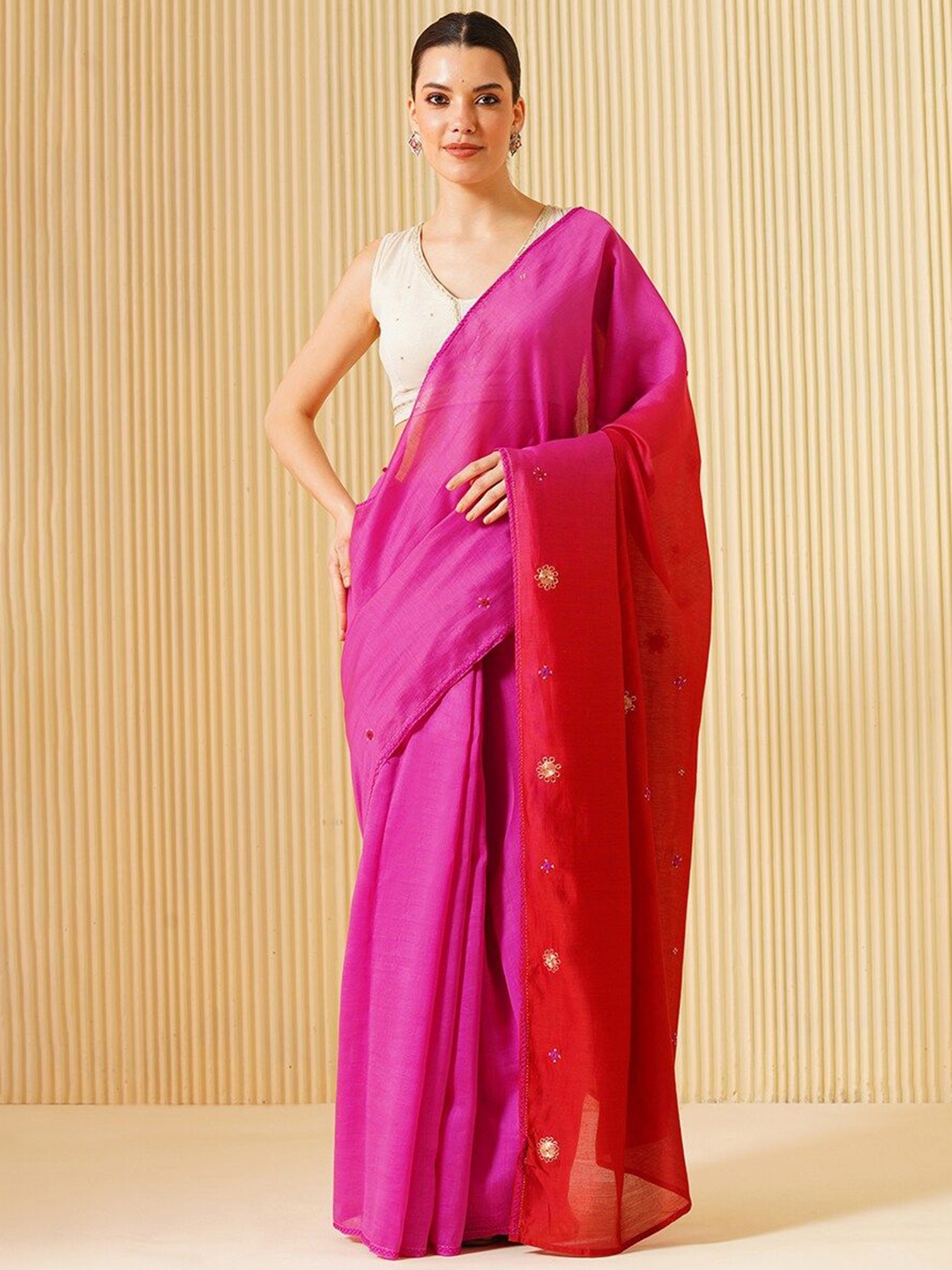 

JAYPORE Beads and Stones Embroidered Saree, Pink