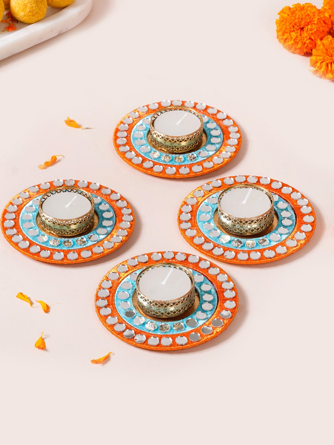 

Nestasia Blue & Red 4 Pieces Mirror Work Embellished Tea Light Candle Holders