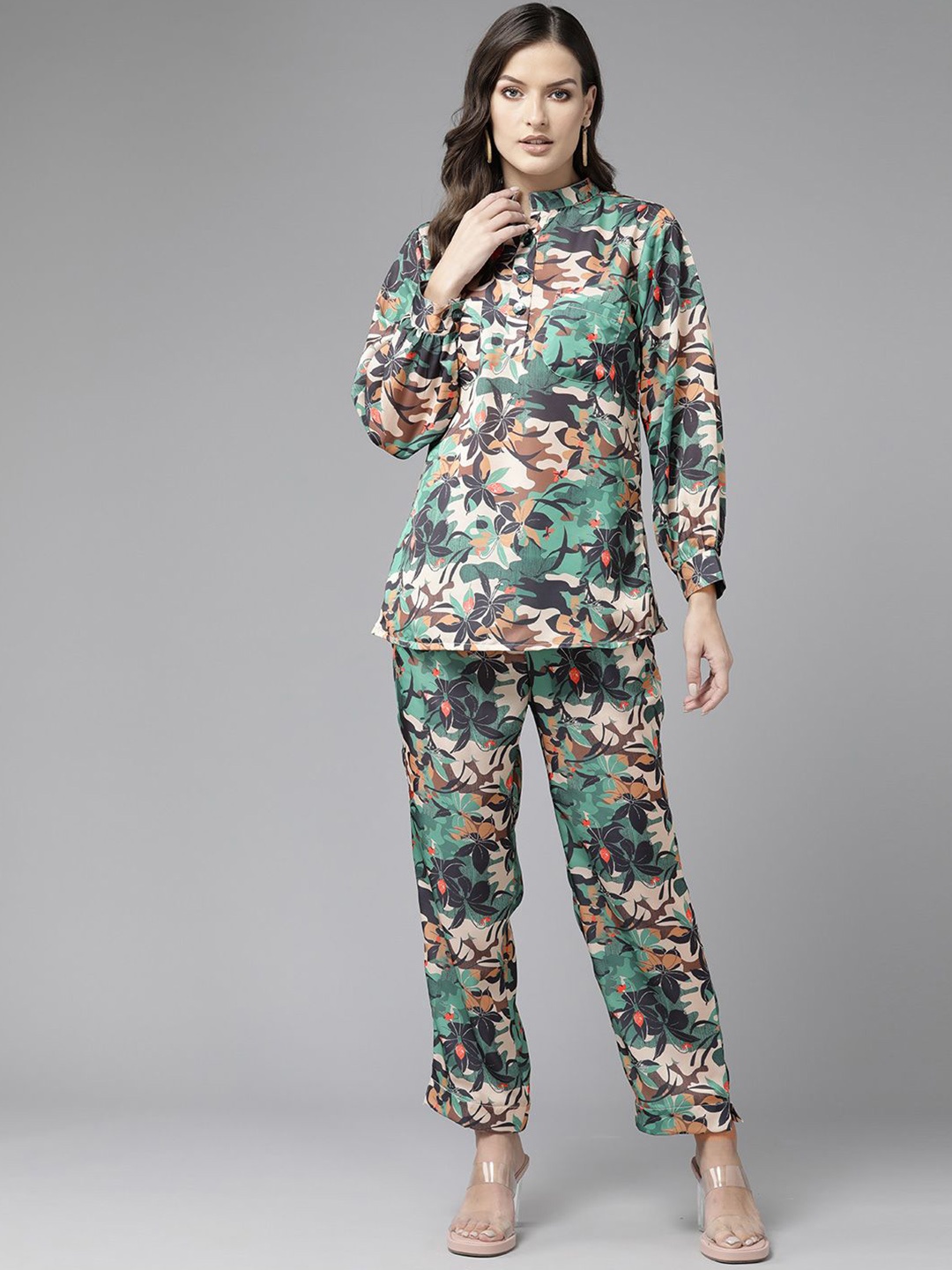 

BAESD Women Printed Top With Trouser Co-Ords, Green