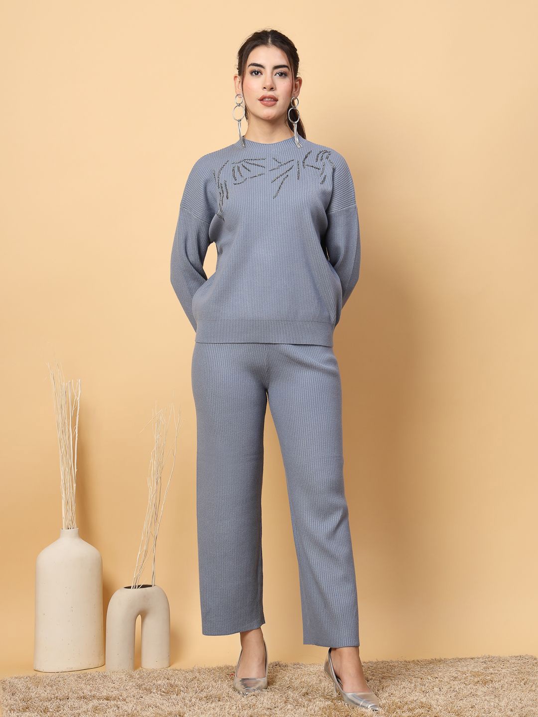 

Mafadeny Embellished Round Neck Long Sleeves Sweater With Palazzo, Blue