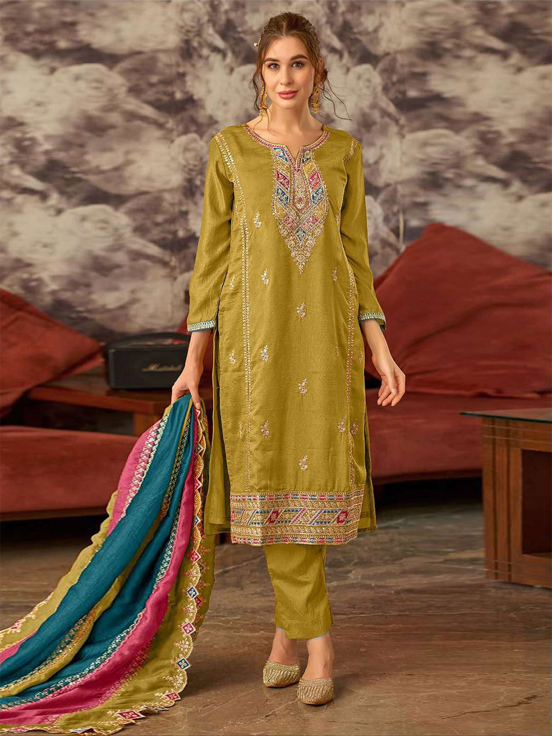 

ODETTE Embroidered Straight Kurta with Trousers & With Dupatta, Olive